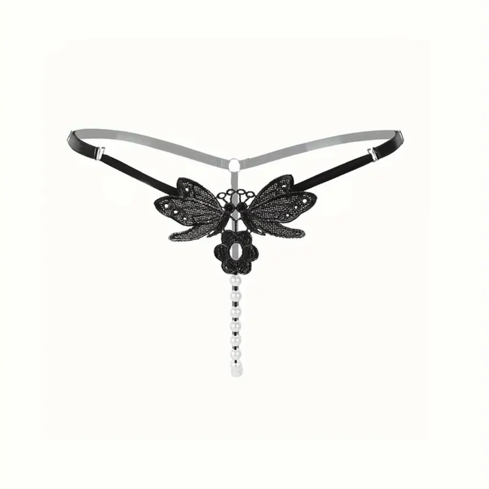 Black Butterfly Embroidery Thongs Hollow Out Faux Pearl Panties One Size